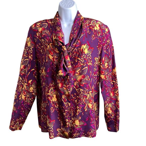 Vintage Oleg Cassini Women's Silk Floral Tie Neck Blouse Size 12 Secretary Retro - Picture 1 of 10